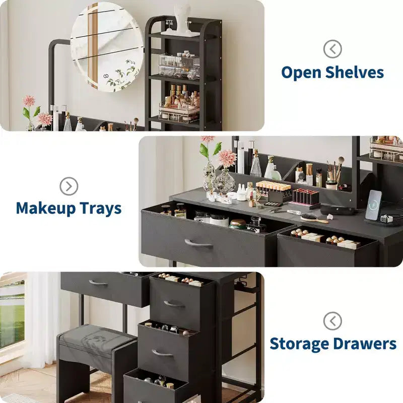 Coiffeuse de maquillage 35" avec miroir et lumières, petite table de maquillage avec 4 tiroirs en tissu et étagères ouvertes, coiffeuse pour chambre à coucher