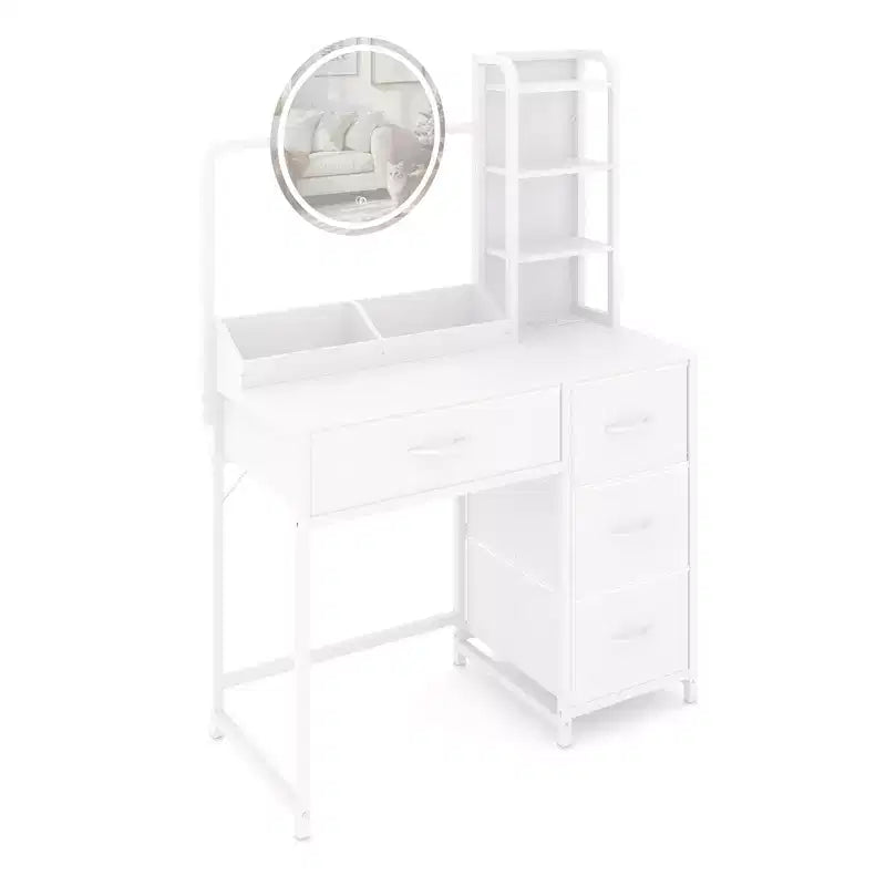 Coiffeuse de maquillage 35" avec miroir et lumières, petite table de maquillage avec 4 tiroirs en tissu et étagères ouvertes, coiffeuse pour chambre à coucher