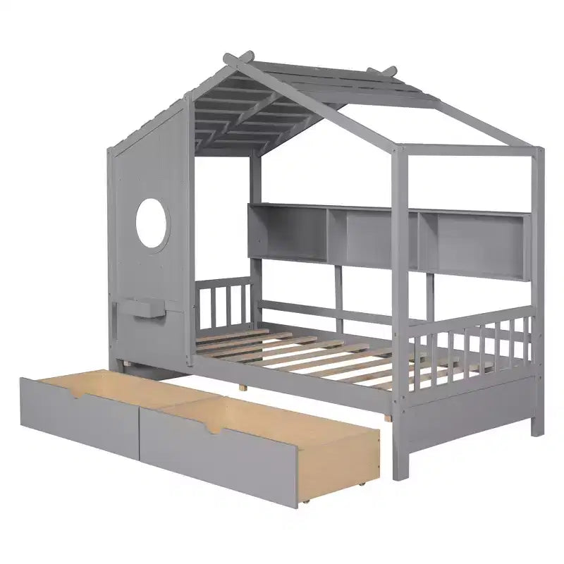 Twin/Full Size Wooden House Bed with 2 Drawers, Kids Bed with Storage Shelf - ModernLuxe