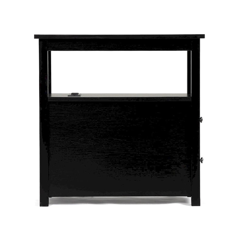 End Table with Charging Station, Narrow Sofa Side Table, Wooden Nightstand, Bedroom Living Room Furniture, Black