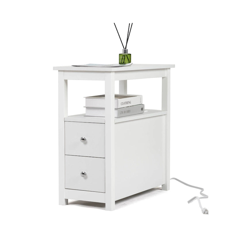 End Table with Charging Station, Narrow Sofa Side Table, Wooden Nightstand, Bedroom Living Room Furniture, Black