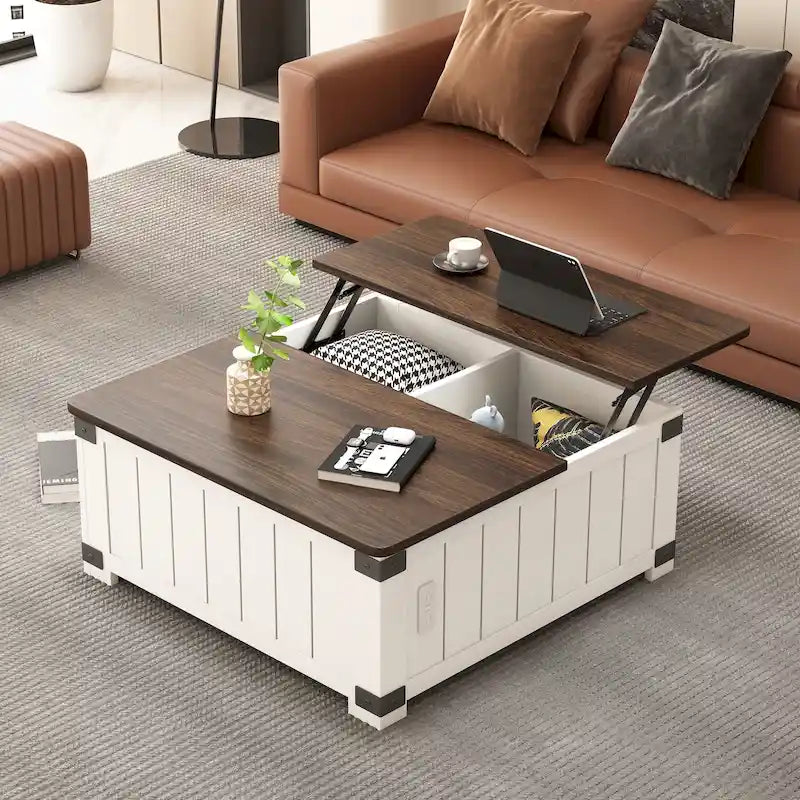 Tavolino da caffè stile rustico con piano sollevabile, contenitore, porte USB e stazione di ricarica