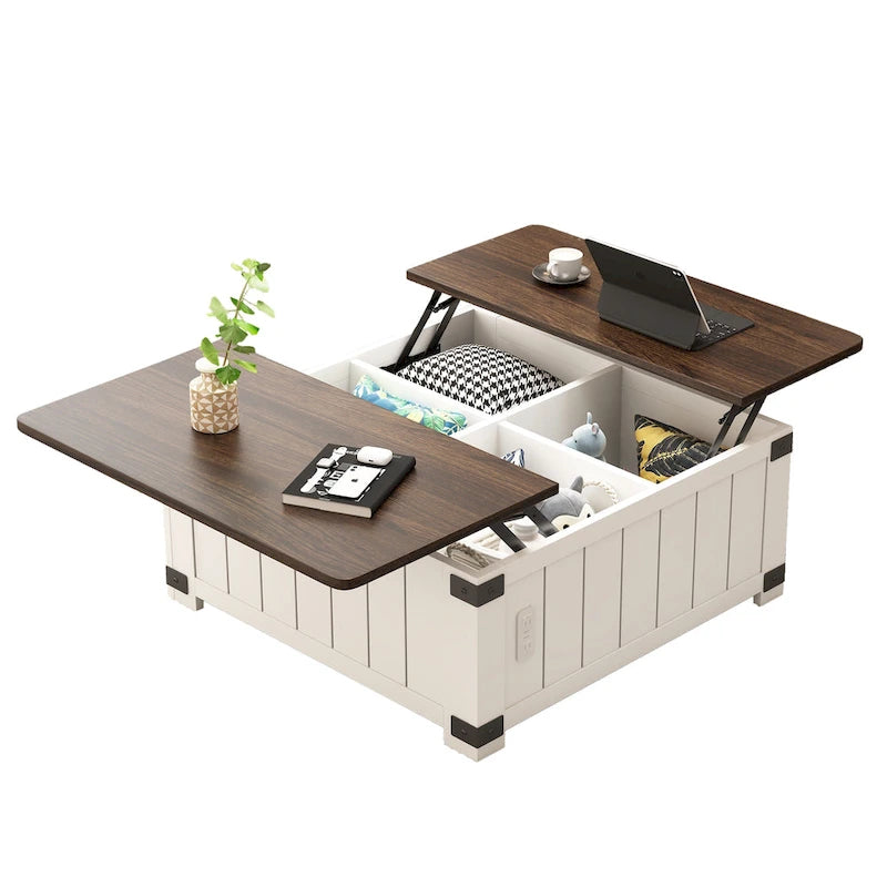 Tavolino da caffè stile rustico con piano sollevabile, contenitore, porte USB e stazione di ricarica