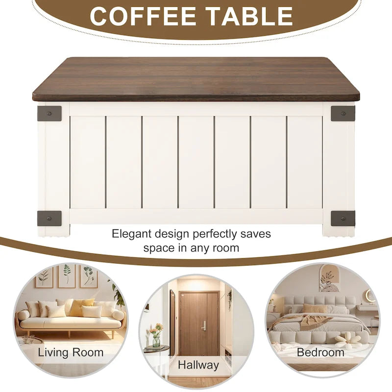 Tavolino da caffè stile rustico con piano sollevabile, contenitore, porte USB e stazione di ricarica