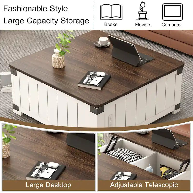 Tavolino da caffè stile rustico con piano sollevabile, contenitore, porte USB e stazione di ricarica