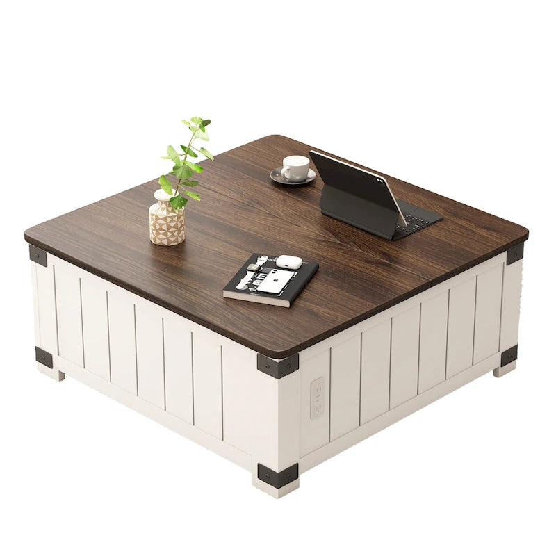 Tavolino da caffè stile rustico con piano sollevabile, contenitore, porte USB e stazione di ricarica