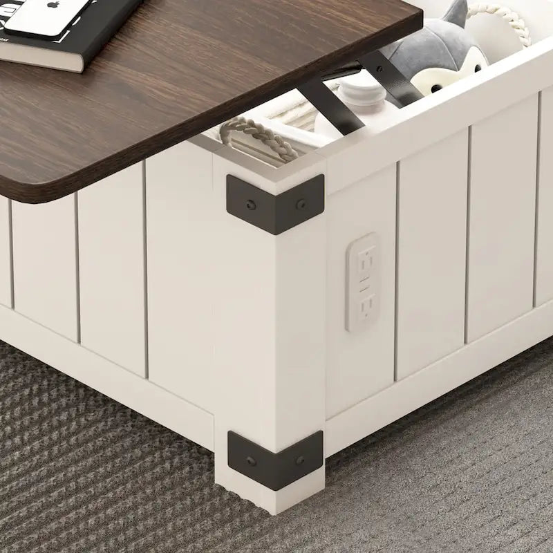 Tavolino da caffè stile rustico con piano sollevabile, contenitore, porte USB e stazione di ricarica