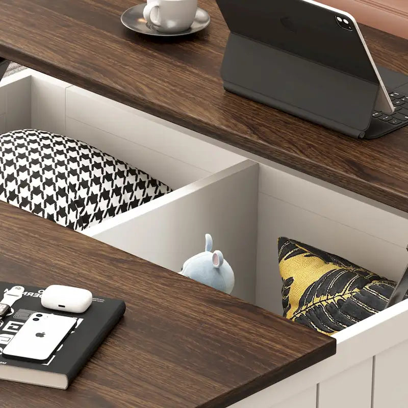 Tavolino da caffè stile rustico con piano sollevabile, contenitore, porte USB e stazione di ricarica