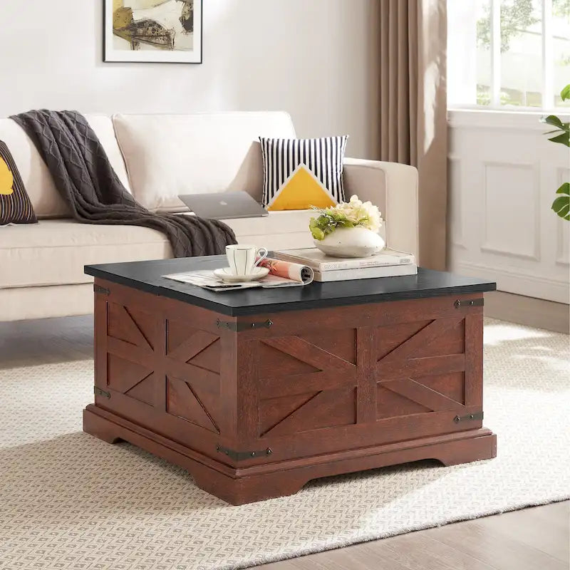 Tavolino da caffè, Tavolo quadrato in legno con vano portaoggetti nascosto, Design a "fienile", Tavolino centrale rustico con piano sollevabile a cerniera