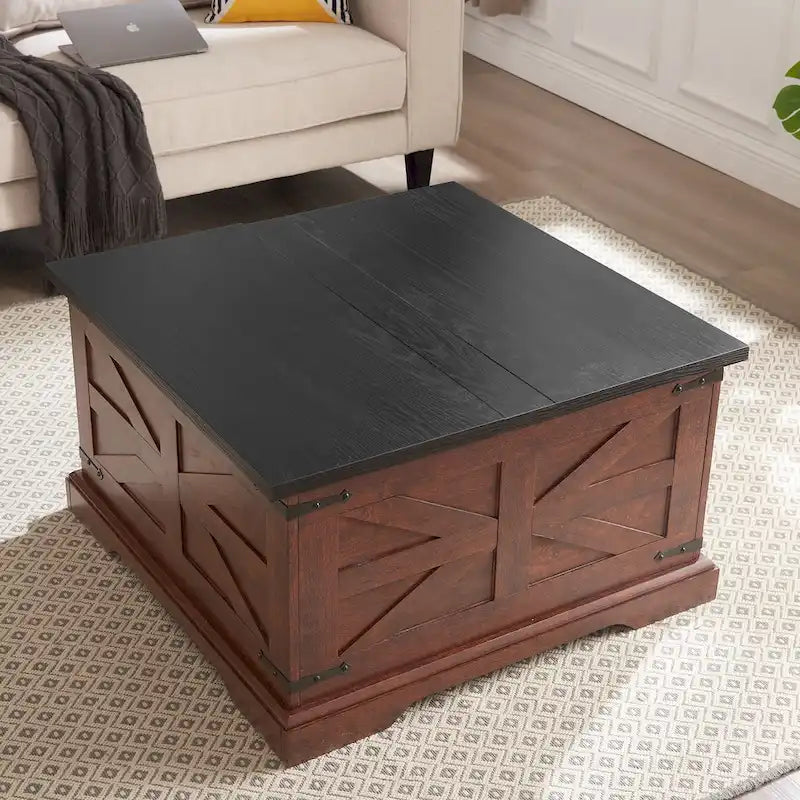 Tavolino da caffè, Tavolo quadrato in legno con vano portaoggetti nascosto, Design a "fienile", Tavolino centrale rustico con piano sollevabile a cerniera