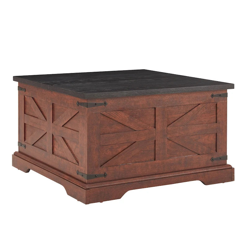 Tavolino da caffè, Tavolo quadrato in legno con vano portaoggetti nascosto, Design a "fienile", Tavolino centrale rustico con piano sollevabile a cerniera