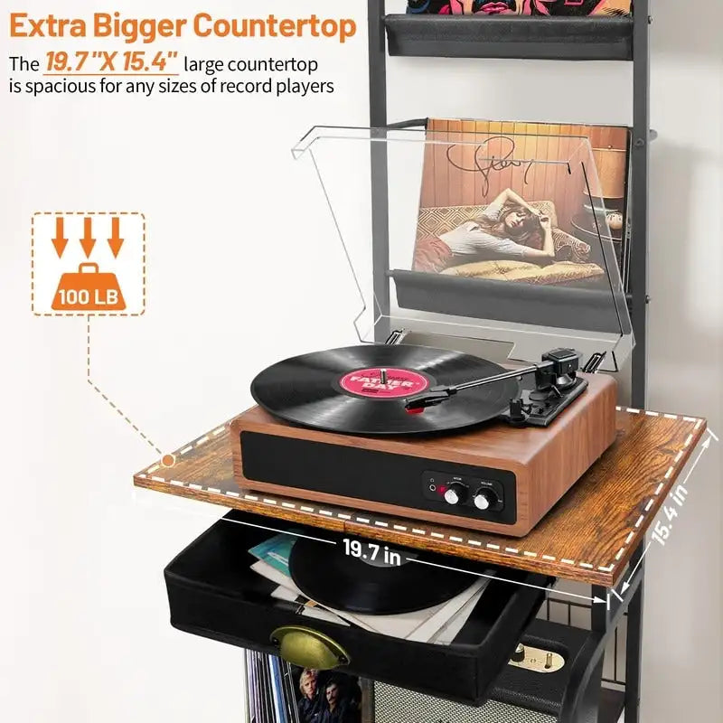 Record Player Stand with Vinyl Storage - 13.8 L x 11.8W x 56.7 H