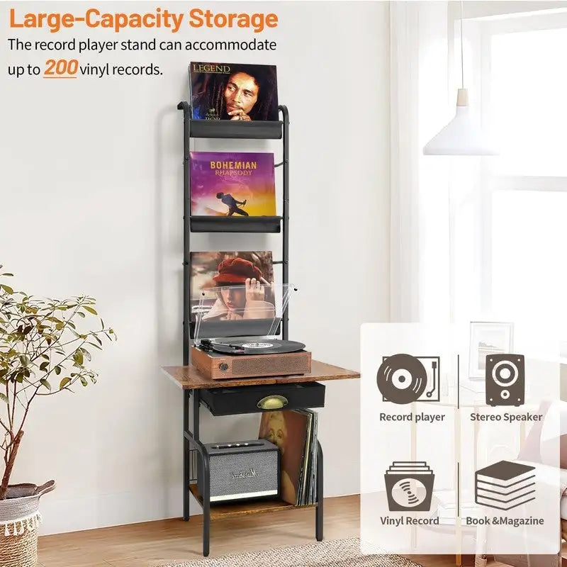Record Player Stand with Vinyl Storage - 13.8 L x 11.8W x 56.7 H