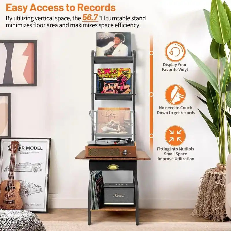 Record Player Stand with Vinyl Storage - 13.8 L x 11.8W x 56.7 H