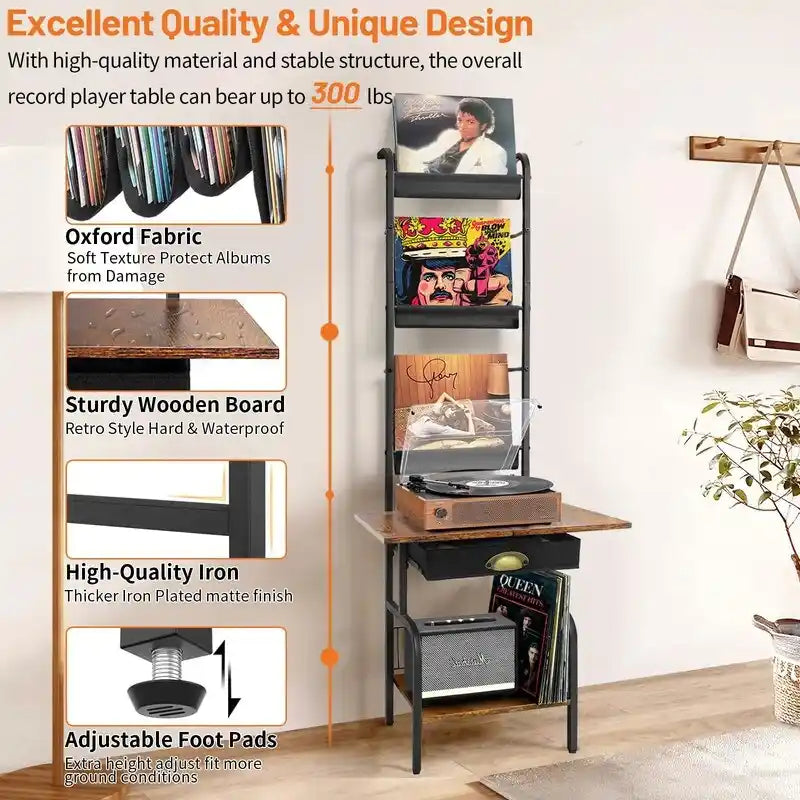 Record Player Stand with Vinyl Storage - 13.8 L x 11.8W x 56.7 H