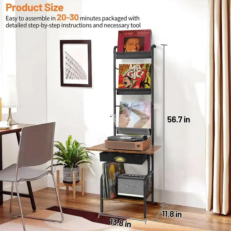 Record Player Stand with Vinyl Storage - 13.8 L x 11.8W x 56.7 H