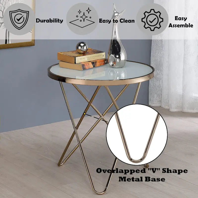Tavolino Rotondo con Piano in Vetro Satinato e Finitura Color Champagne, con Base in Metallo a V