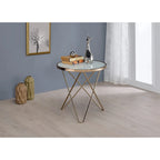 Tavolino Rotondo con Piano in Vetro Satinato e Finitura Color Champagne, con Base in Metallo a V
