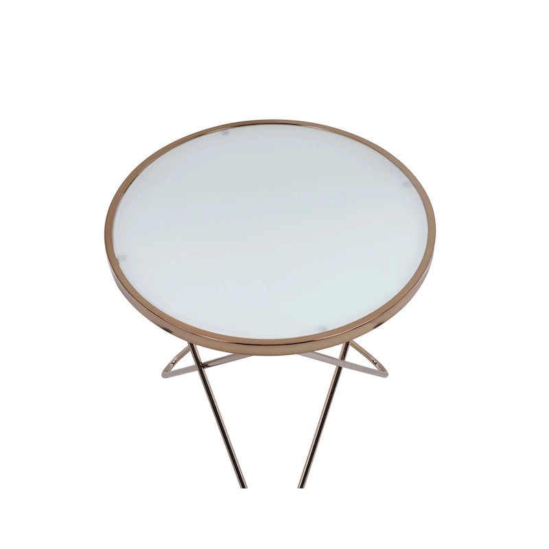 Tavolino Rotondo con Piano in Vetro Satinato e Finitura Color Champagne, con Base in Metallo a V