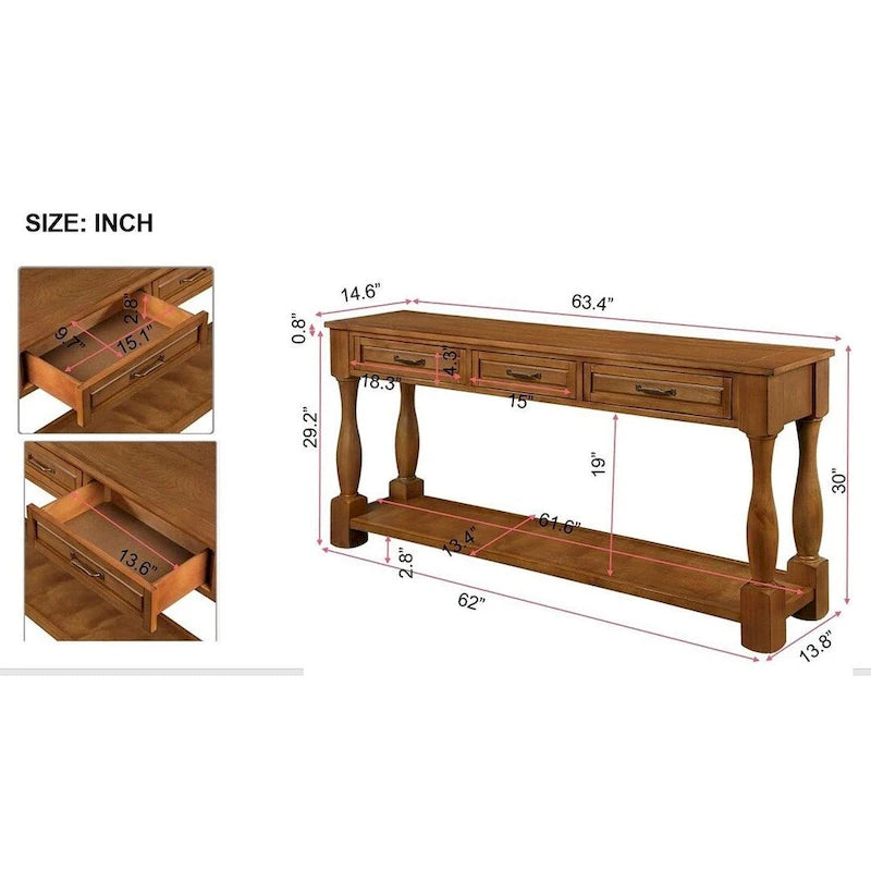 Consolle in legno massello da 63 pollici con 3 cassetti e 1 ripiano inferiore