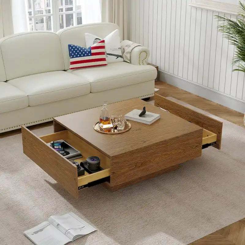 Tavolino da Caffè Quadrato in Legno 35.43 con 2 Cassetti, Texture Legno Marrone - 35.43