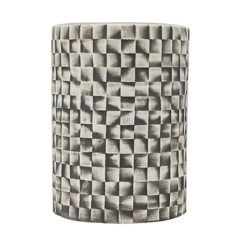 Sgabello Tavolino da 45 cm, in Ceramica, Cilindrico, Geometria Testurizzata, da Esterno, Grigio