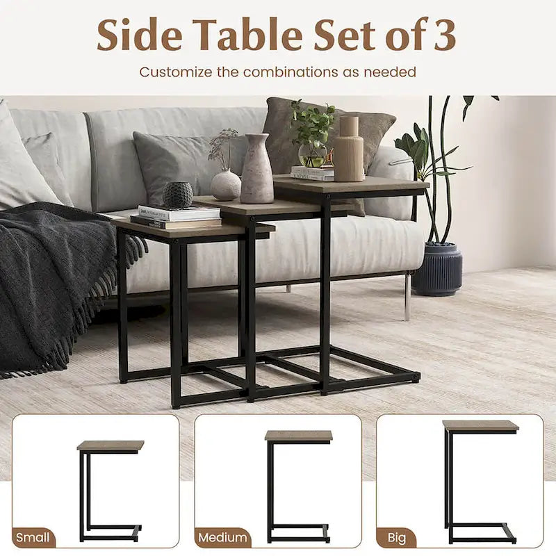 Gymax 3 Pcs Nesting Coffee End Table Set Stacking Side Nightstand