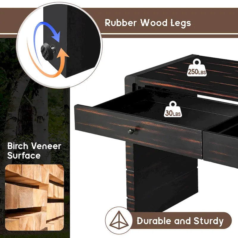 Curved Wooden Entryway Console Table with Storage, 2 Drawers, Rustic