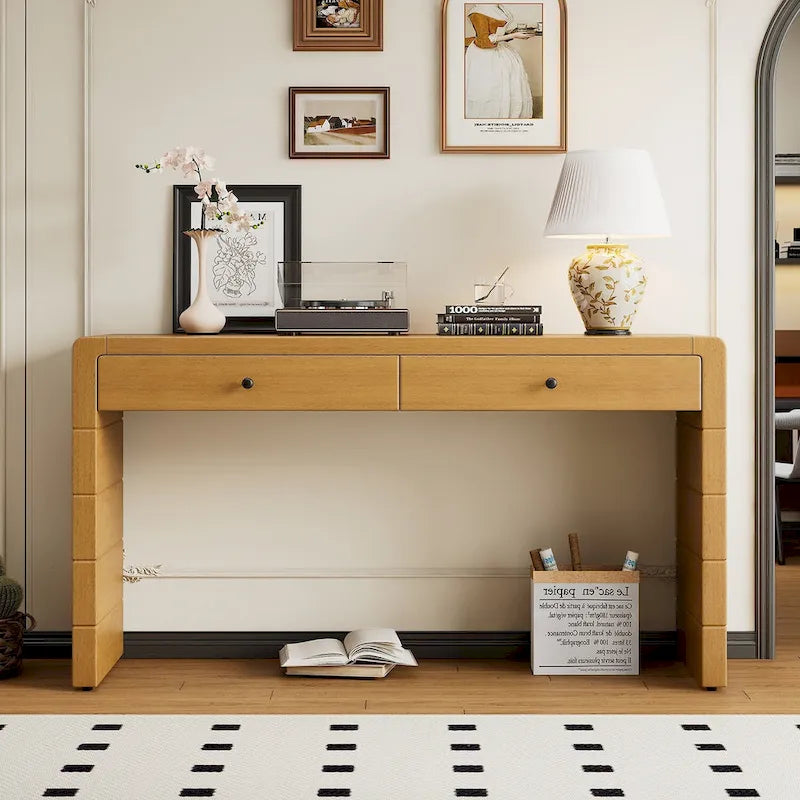 Curved Wooden Entryway Console Table with Storage, 2 Drawers, Rustic