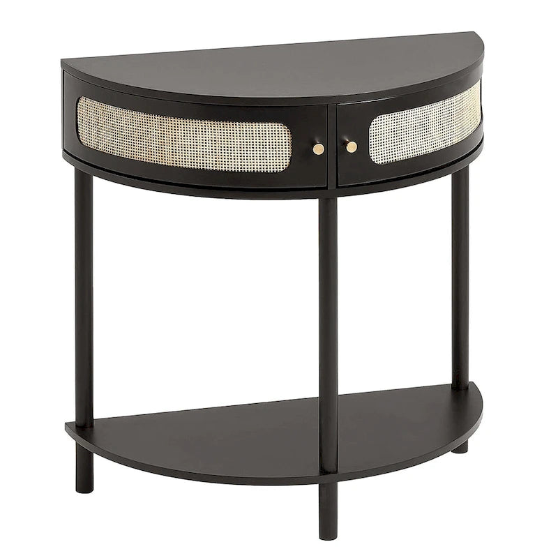 Consolle in Rattan Mezzaluna con Cassetti e Anta Scorrevole - 81 x 40 x 82 cm