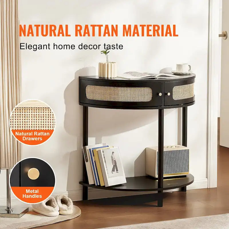 Consolle in Rattan Mezzaluna con Cassetti e Anta Scorrevole - 81 x 40 x 82 cm