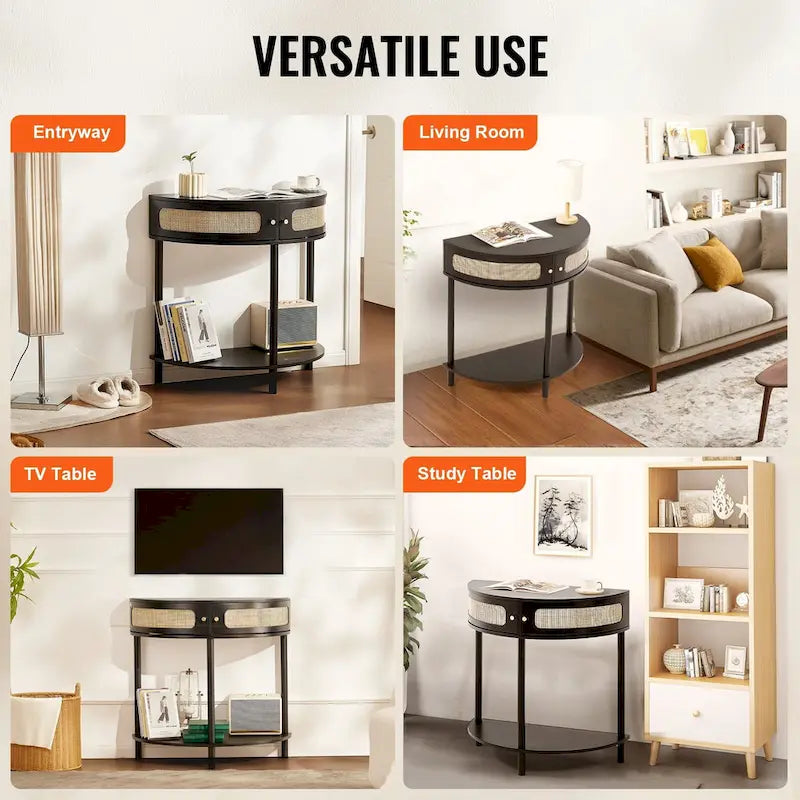 Consolle in Rattan Mezzaluna con Cassetti e Anta Scorrevole - 81 x 40 x 82 cm