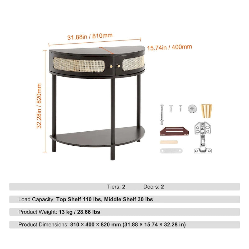 Consolle in Rattan Mezzaluna con Cassetti e Anta Scorrevole - 81 x 40 x 82 cm