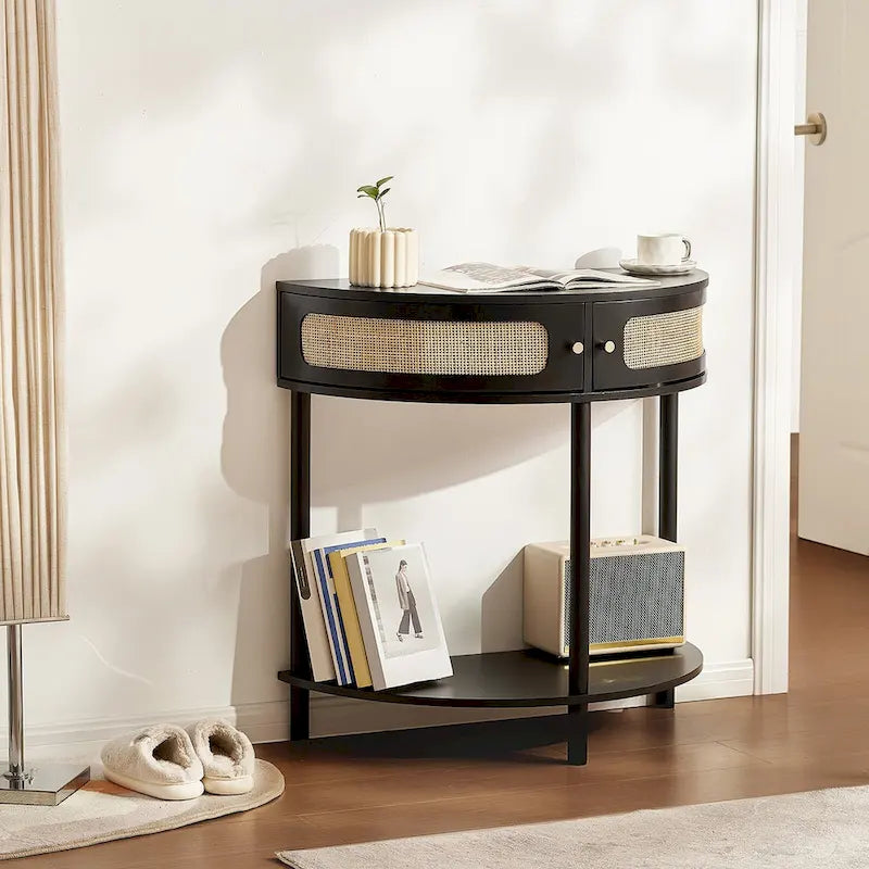 Consolle in Rattan Mezzaluna con Cassetti e Anta Scorrevole - 81 x 40 x 82 cm