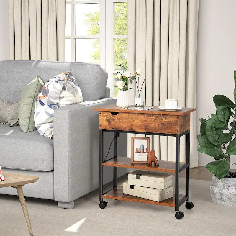 Gymax Lift Top End Table w/ Charging Station Storage Shelves Wheels