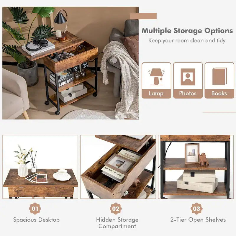 Gymax Lift Top End Table w/ Charging Station Storage Shelves Wheels