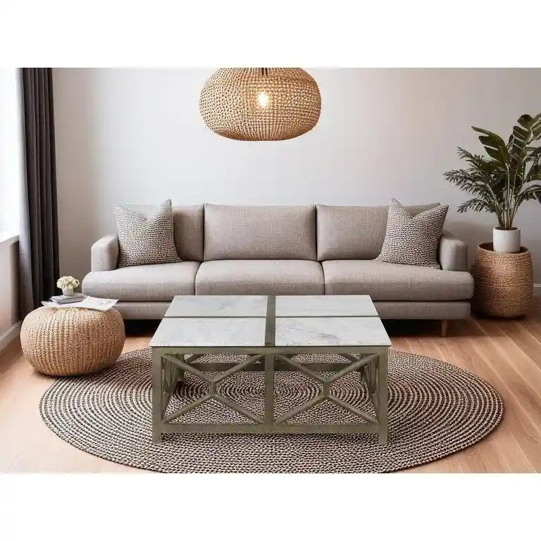 Tavolino da caffè Agas, piano quadrato da 40 pollici in vero marmo bianco, struttura geometrica in legno di mango grigio cenere sabbiato lavato