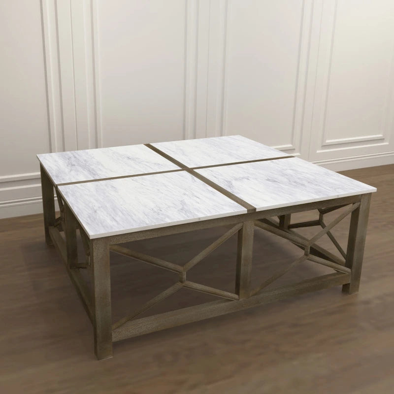 Tavolino da caffè Agas, piano quadrato da 40 pollici in vero marmo bianco, struttura geometrica in legno di mango grigio cenere sabbiato lavato