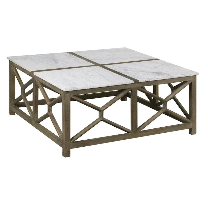 Tavolino da caffè Agas, piano quadrato da 40 pollici in vero marmo bianco, struttura geometrica in legno di mango grigio cenere sabbiato lavato
