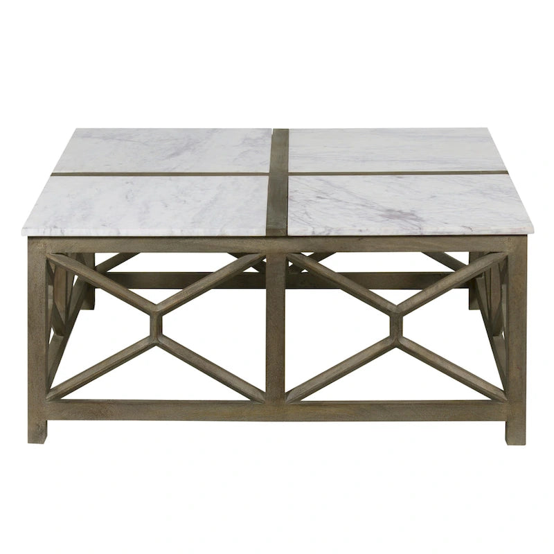 Tavolino da caffè Agas, piano quadrato da 40 pollici in vero marmo bianco, struttura geometrica in legno di mango grigio cenere sabbiato lavato