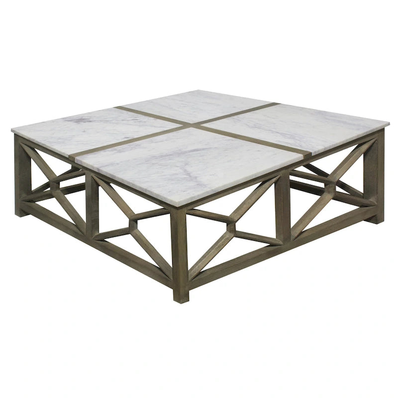 Tavolino da caffè Agas, piano quadrato da 40 pollici in vero marmo bianco, struttura geometrica in legno di mango grigio cenere sabbiato lavato