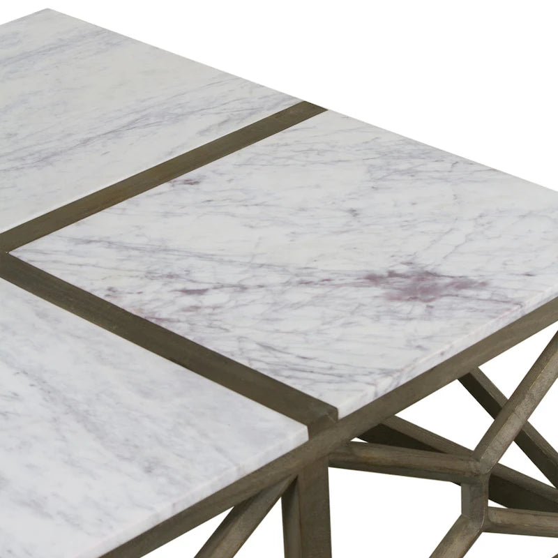 Tavolino da caffè Agas, piano quadrato da 40 pollici in vero marmo bianco, struttura geometrica in legno di mango grigio cenere sabbiato lavato
