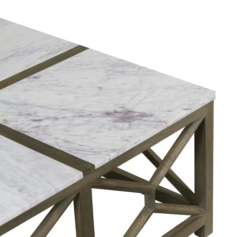 Tavolino da caffè Agas, piano quadrato da 40 pollici in vero marmo bianco, struttura geometrica in legno di mango grigio cenere sabbiato lavato