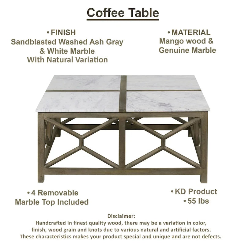 Tavolino da caffè Agas, piano quadrato da 40 pollici in vero marmo bianco, struttura geometrica in legno di mango grigio cenere sabbiato lavato