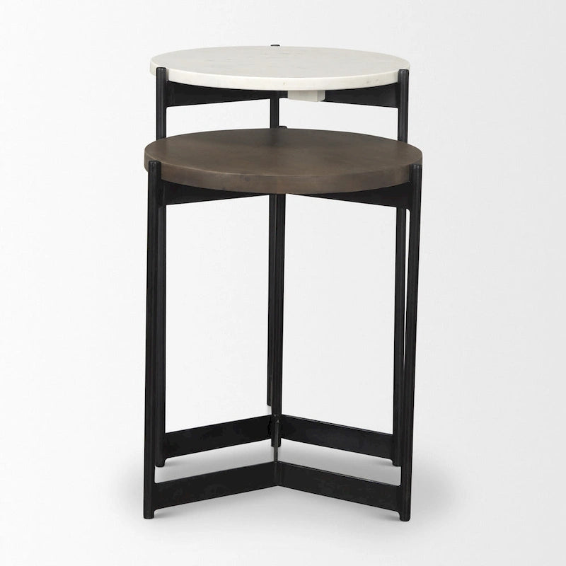 HomeRoots Set di Due Tavolini Nidi Rotondi in Legno Massello e Metallo, Marmo Marrone Bianco e Nero - 16' X '24' X '16