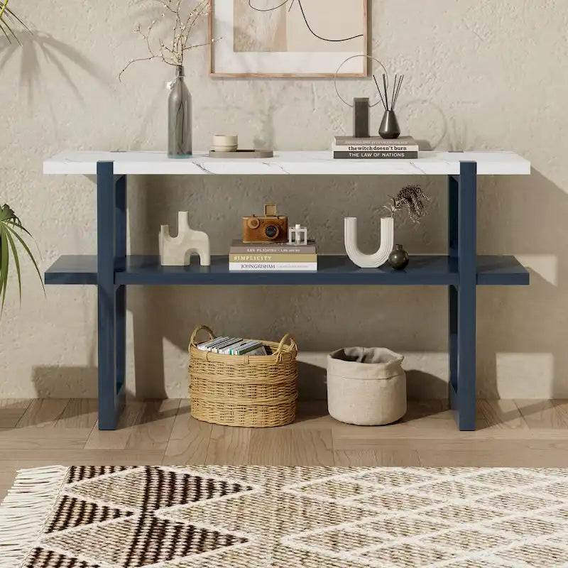 Consolle stretta con ripiano effetto marmo (blu scuro)