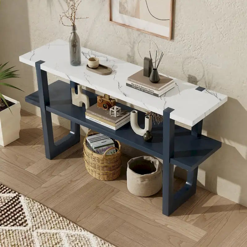 Consolle stretta con ripiano effetto marmo (blu scuro)