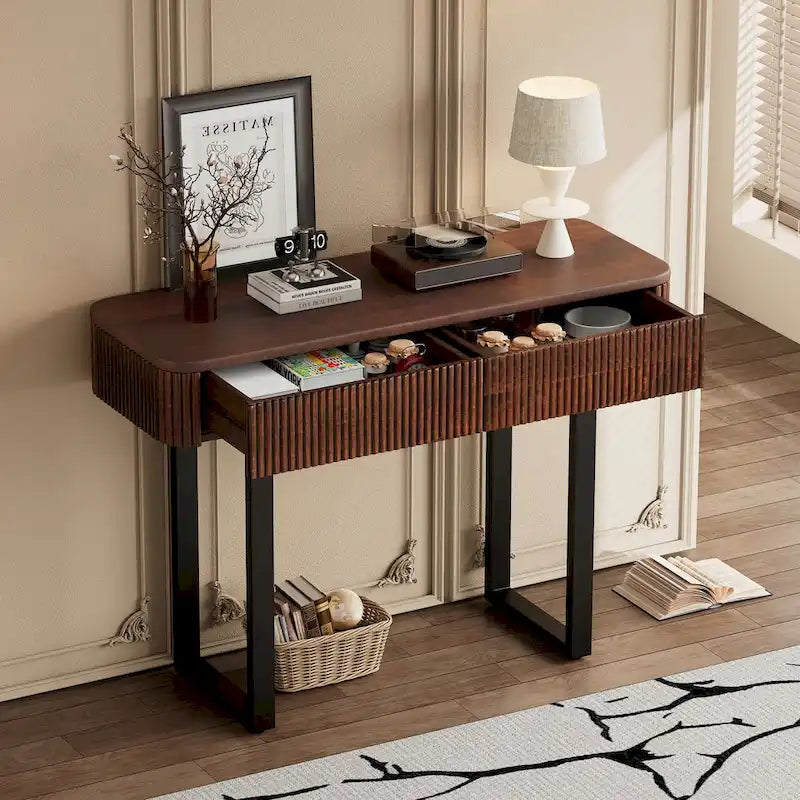 Consolle in Legno Massello con Design Scanalato, Miele e Nero