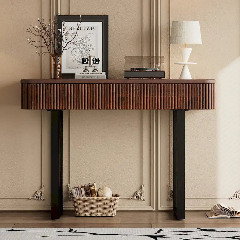 Consolle in Legno Massello con Design Scanalato, Miele e Nero