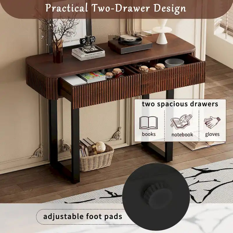 Consolle in Legno Massello con Design Scanalato, Miele e Nero